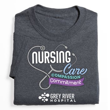 Nursing: Care, Compassion, Commitment Unisex Short-Sleeved T-Shirt - Silkscreened Personalization Available from Positive Promotions