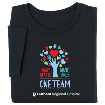 Many Hearts, Many Hands, One Team Unisex Short-Sleeved T-Shirt - Silkscreened Personalization Available from Positive Promotions