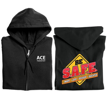 Be S.A.F.E.: Smart, Alert, Focused, Educated Gildan® Unisex Heavy Blend Full-Zip Hooded Sweatshirt - Silkscreened Personalization Available from Positive Promotions