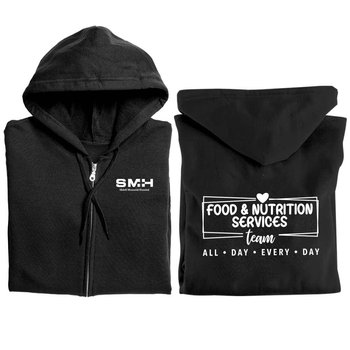 Food & Nutrition Services Team: All Day, Every Day Gildan® Unisex Full-Zip Hooded Sweatshirt - Silkscreened Personalization Available from Positive Promotions