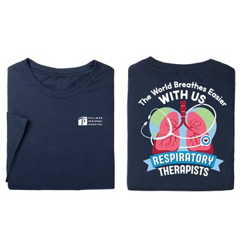 Respiratory Therapists: The World Breathes Easier With Us Unisex 2-Sided Short-Sleeved T-Shirt - Silkscreened Personalization Available from Positive Promotions
