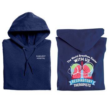 Respiratory Therapists: The World Breathes Easier With Us Gildan® Unisex Heavy Blend Pullover Hooded Sweatshirt - Silkscreened Personalization Available from Positive Promotions
