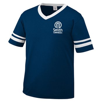 Augusta® Youth V-Neck Jersey With Striped Sleeves - Silkscreened Personalization Available from Positive Promotions