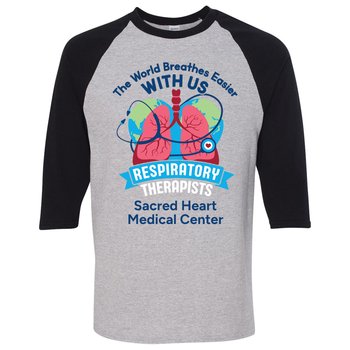 Respiratory Therapists: The World Breathes Easier With Us Gildan® Unisex Heavy Cotton® 3/4 Raglan Sleeve T-Shirts - Silkscreened Personalization Available from Positive Promotions