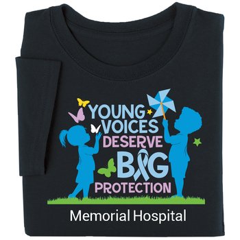 Young Voices Deserve Big Protection Unisex Short-Sleeved T-Shirt - Silkscreened Personalization Available from Positive Promotions