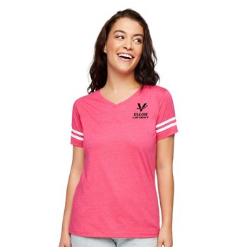 Women's Football V-Neck Fine Stripe Varsity Jersey Tee - Silkscreened Personalization Available from Positive Promotions
