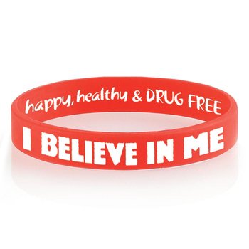 I Believe In Me: Happy, Healthy, & Drug Free 2-Sided Silicone Awareness Bracelet - Pack of 25 from Positive Promotions