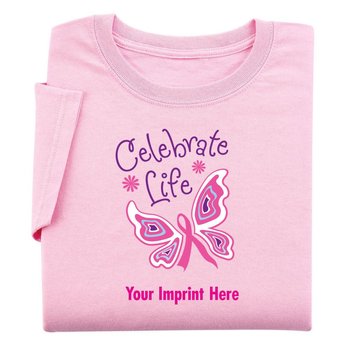 Pink Celebrate Life Women's Cut Breast Cancer Awareness Cotton T-Shirt - Personalization Available from Positive Promotions