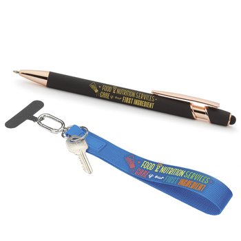 Food & Nutrition Services: Care Is Our First Ingredient Never Lose Your Belongings Water-Repellent Key Finder/Phone Holder & Rose Gold-Accented Stylus Pen Gift Set from Positive Promotions