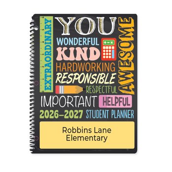 Extraordinary/Awesome Word Cloud Elementary School 2026-2027 Student Planner - One-Color Personalization Available from Positive Promotions