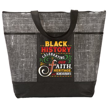 Black History: Celebrating Our Faith, Heritage, and Achievements Malibu Non-Woven Zippered Tote Bag from Positive Promotions