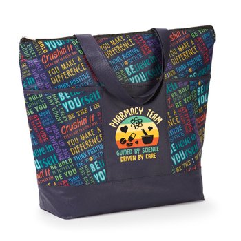 Pharmacy Team: Guided By Science, Driven By Care Motivational Word Cloud Malibu Non-Woven Zippered Tote Bag from Positive Promotions