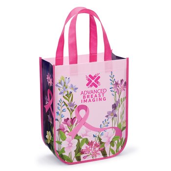 Floral Ribbon Awareness Mini Laminated Non-Woven Tote Bag - One-Color Personalization Available from Positive Promotions