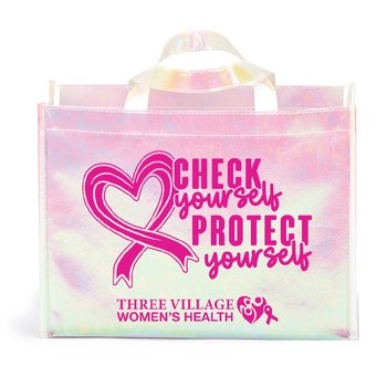 Check Yourself, Protect Yourself Pearlescent Laminated Non-Woven Tote Bag - One-Color Personalization Available from Positive Promotions