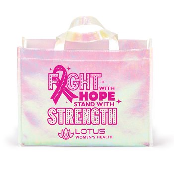 Fight With Hope, Stand With Strength Pearlescent Laminated Non-Woven Tote Bag - One-Color Personalization Available from Positive Promotions