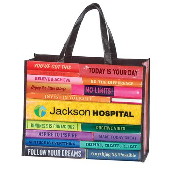 Motivational Book Laminated Non-Woven Tote Bag With Holiday Gift Tag - Personalization Available from Positive Promotions