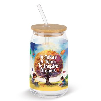 It Takes a Team to Inspire Dreams Cooper Glass Can/Tumbler 16 oz. With Straw & Bamboo Lid from Positive Promotions