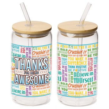 Thanks for Being Awesome Motivational Word Cloud Cooper Glass Can/Tumbler 16 oz. With Straw & Bamboo Lid from Positive Promotions