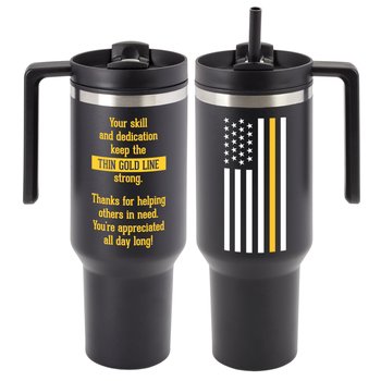 Thin Gold Line Quencher Stainless-Steel/Plastic-Lined Tumbler 40 oz. With Handle from Positive Promotions