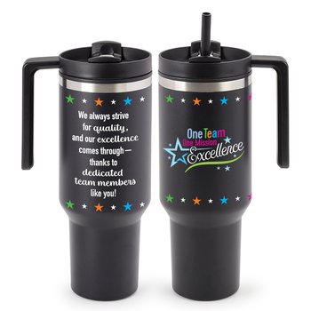 One Team, One Mission: Excellence Quencher Stainless-Steel/Plastic-Lined Tumbler 40 oz. With Handle from Positive Promotions