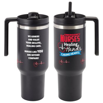 Emergency Nurses: Healing Hands, Caring Hearts Quencher Stainless-Steel/Plastic-Lined Tumbler 40 oz. With Handle from Positive Promotions