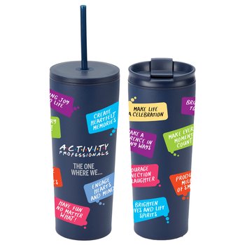 Activity Professionals: The One Where We... Sleek Stainless-Steel/Plastic Tumbler With Dual Lids 24 oz. from Positive Promotions