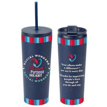 Social Workers: Passion, Purpose, Heart Sleek Stainless-Steel/Plastic Tumbler With Dual Lids 24 oz. from Positive Promotions