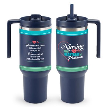 Nursing: The Heartbeat of Healthcare Quencher Stainless-Steel/Plastic-Lined Tumbler 40 oz. With Handle from Positive Promotions