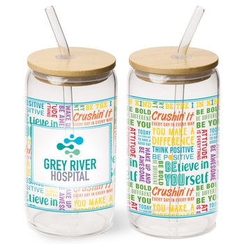 Motivational Word Cloud Cooper Glass Can/Tumbler 16 oz. With Straw & Bamboo Lid - Personalization Available from Positive Promotions