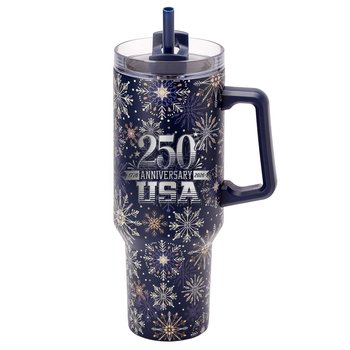 USA 250th Anniversary Snowflake Biggie Thirst Quencher Double-Wall Stainless-Steel Tumbler 40 oz. With Handle - Laser-Engraved Personalization Available from Positive Promotions