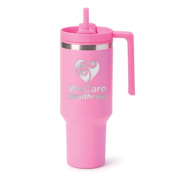 Pink Quencher Stainless-Steel/Plastic-Lined Tumbler 40 oz. With Handle - Laser-Engraved Personalization Available from Positive Promotions