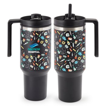 Healthcare Icons Quencher Stainless-Steel/Plastic-Lined Tumbler 40 oz. With Handle - Personalization Available from Positive Promotions