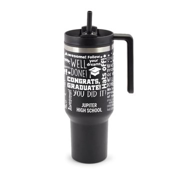 Congrats, Graduate! Word Cloud Black Quencher Stainless-Steel/Plastic-Lined Tumbler 40 oz. With Handle - One-Color Personalization Available from Positive Promotions