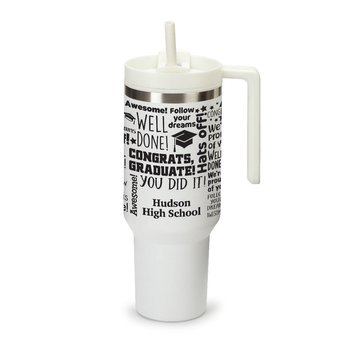 Congrats, Graduate! Word Cloud White Quencher Stainless-Steel/Plastic-Lined Tumbler 40 oz. With Handle - One-Color Personalization Available from Positive Promotions