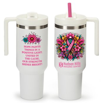 Hope Floral Ribbon Quencher Stainless-Steel/Plastic-Lined Tumbler 40 oz. With Handle - One-Color Personalization Available from Positive Promotions