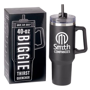 Workplace Safety Black Biggie Thirst Quencher Double-Wall Stainless-Steel Tumbler 40 oz. With Handle - One-Color Personalization Available from Positive Promotions