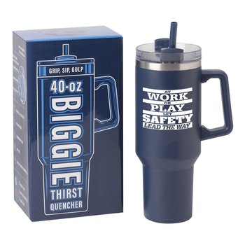 Workplace Safety Navy Biggie Thirst Quencher Double-Wall Stainless-Steel Tumbler 40 oz. With Handle - One-Color Personalization Available from Positive Promotions