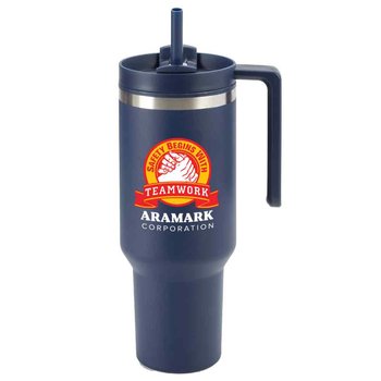 Workplace Safety Navy Quencher Stainless-Steel/Plastic-Lined Tumbler 40 oz. With Handle - Personalization Available from Positive Promotions