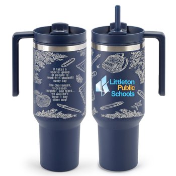 School Life Quencher Stainless-Steel/Plastic-Lined Tumbler 40 oz. With Handle - One-Color Personalization Available from Positive Promotions