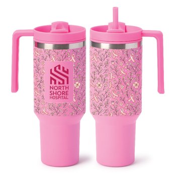 Ribbons/Flowers Quencher Stainless-Steel/Plastic-Lined Tumbler 40 oz. With Handle - One-Color Personalization Available from Positive Promotions