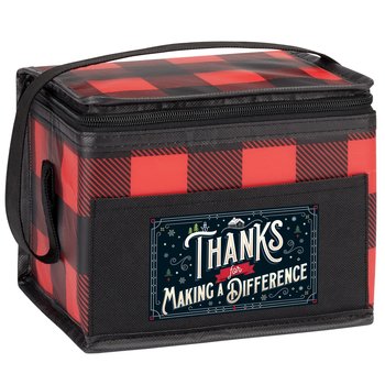 Thanks For Making A Difference Buffalo Plaid Laminated Non-Woven Cooler/Lunch Bag with Holiday Gift Tag from Positive Promotions