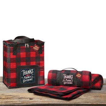 Thanks For Making A Difference Buffalo Plaid Cooler Bag & Roll-Up Eco Blanket Gift Set with Holiday Gift Wrapper from Positive Promotions