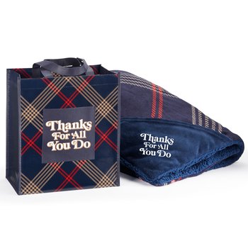 Thanks For All You Do Navy Plaid Mink Fleece Sherpa Throw Blanket-in-a-Bag 50