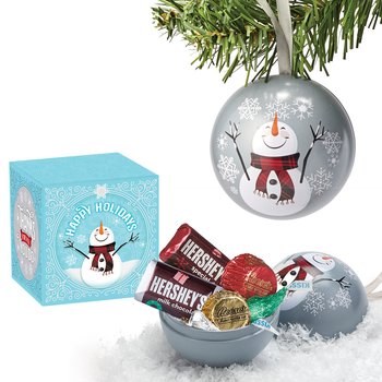 Snowman Round Metal Ornament With Hershey's® Holiday Miniatures Chocolates in Holiday Gift Box from Positive Promotions
