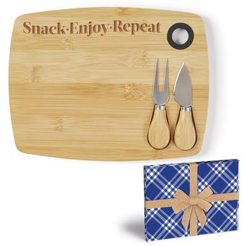 Snack. Enjoy. Repeat. Bamboo Charcuterie Cheese Board with Cutlery Set in Holiday Gift Box from Positive Promotions