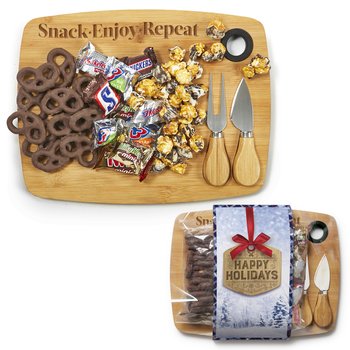 Snack. Enjoy. Repeat. Sweet Treats Charcuterie Bamboo Board Gift Set With Holiday Gift Wrapper from Positive Promotions