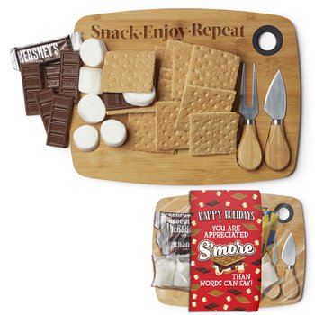 Snack. Enjoy. Repeat. S'mores Charcuterie Board Gift Set with Holiday Gift Wrapper from Positive Promotions