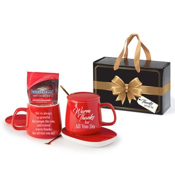 Warm Thanks for All You Do Red Ceramic Mug & Warmer With Hot Chocolate Gift Set in Holiday Gift Box from Positive Promotions