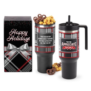 We Appreciate You Quencher Stainless-Steel/Plastic-Lined Tumbler 40 oz. With Handle With Popcorn & Pretzels in Holiday Gift Box from Positive Promotions