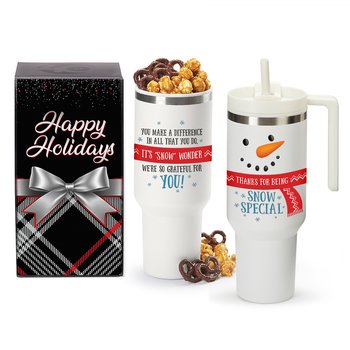 Thanks for Being Snow Special Quencher Stainless-Steel/Plastic-Lined Tumbler 40 oz. With Handle With Popcorn & Pretzels from Positive Promotions